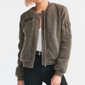 Urban Outfitters BDG Teddy Bomber Jacket - Olive Green